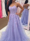 A-line Scoop Neck Tulle Sweep Train Prom Dresses With Pearl Detailing #Milly020114598