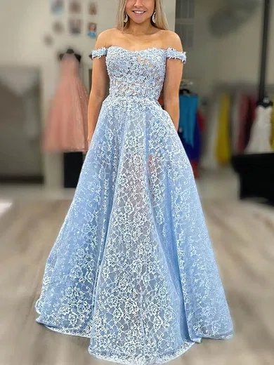A-line Off-the-shoulder Lace Floor-length Prom Dresses With Appliques Lace #Milly020114600