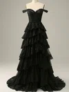 A-line Off-the-shoulder Lace Sweep Train Prom Dresses With Tiered #Milly020114605