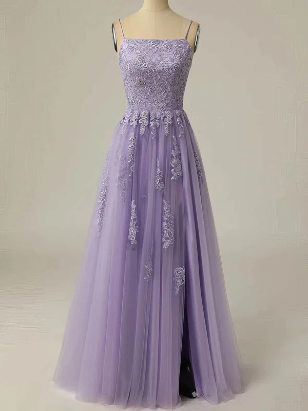 A-line Square Neckline Tulle Floor-length Prom Dresses With Split Front #Milly020114613