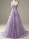 A-line Scoop Neck Tulle Sweep Train Prom Dresses With Pearl Detailing #Milly020114617