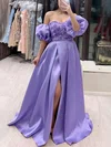 A-line Off-the-shoulder Satin Floor-length Prom Dresses With Flower(s) #Milly020114627