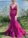 Trumpet/Mermaid V-neck Tulle Floor-length Prom Dresses With Appliques Lace #Milly020114631