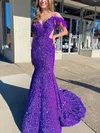 Trumpet/Mermaid Off-the-shoulder Velvet Sequins Sweep Train Prom Dresses With Feathers / Fur #Milly020114632