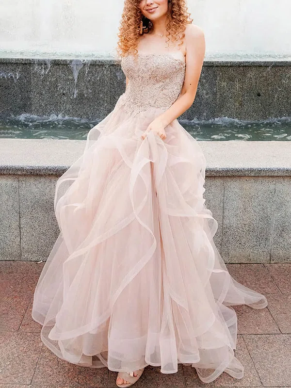 Princess Strapless Tulle Floor-length Prom Dresses With Appliques Lace #Milly020114637