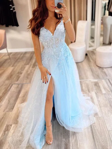 A-line V-neck Tulle Sweep Train Prom Dresses With Split Front #Milly020114638