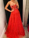 A-line Sweetheart Tulle Sweep Train Prom Dresses With Appliques Lace #Milly020114662