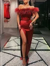 Sheath/Column Off-the-shoulder Silk-like Satin Floor-length Prom Dresses With Feathers / Fur #Milly020114665