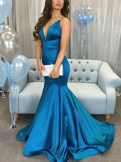 Trumpet/Mermaid Sweep Train V-neck Satin Beading Prom Dresses #Milly020114684