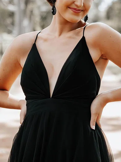 A-line V-neck Tulle Floor-length Prom Dresses With Ruffles #Milly020114688
