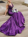 Trumpet/Mermaid V-neck Silk-like Satin Sweep Train Prom Dresses With Beading #Milly020114692
