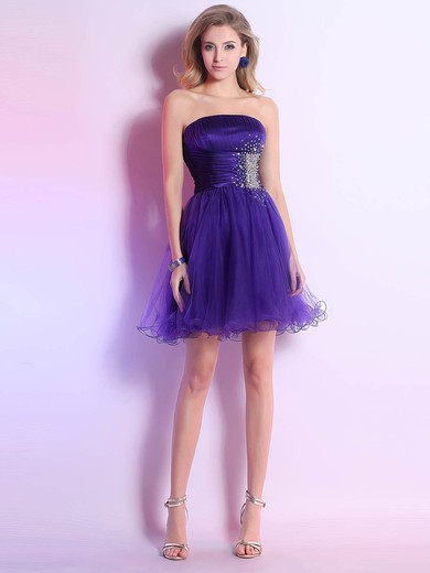 A-line Straight Tulle Silk-like Satin Short/Mini Beading Prom Dresses #02051643