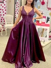 A-line V-neck Satin Sweep Train Prom Dresses With Appliques Lace #Milly020114718