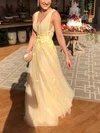 A-line V-neck Tulle Floor-length Prom Dresses With Sashes / Ribbons #Milly020114719