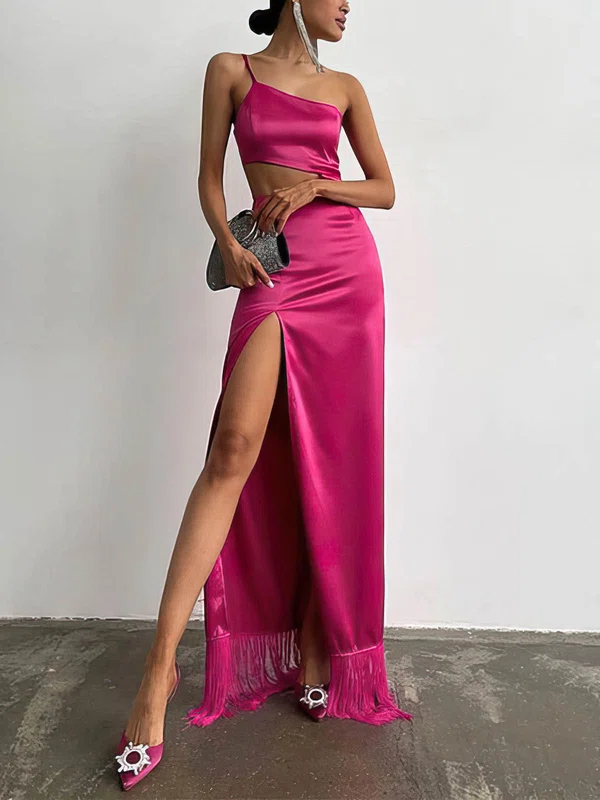 Sheath/Column One Shoulder Silk-like Satin Floor-length Prom Dresses With Split Front #Milly020114729