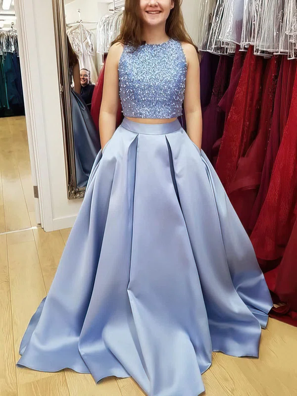 Ball Gown Scoop Neck Satin Sweep Train Prom Dresses With Pockets #Milly020114733