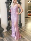 Sheath/Column V-neck Sequined Sweep Train Prom Dresses With Split Front #Milly020114739