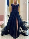 A-line Scoop Neck Tulle Sweep Train Prom Dresses With Split Front #Milly020114753