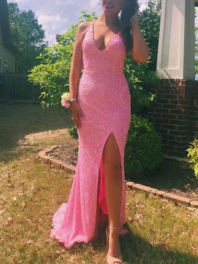 Sheath/Column V-neck Sequined Sweep Train Prom Dresses With Split Front #Milly020114761