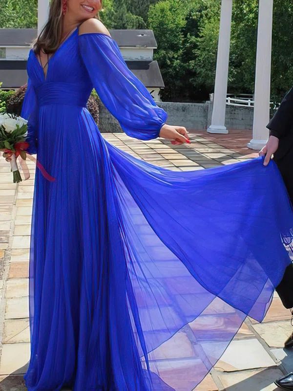 A-line V-neck Tulle Floor-length Prom Dresses #Milly020114771
