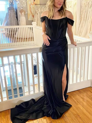 Sheath/Column Off-the-shoulder Silk-like Satin Sweep Train Prom Dresses With Split Front #Milly020114774