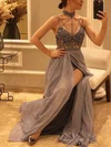 A-line High Neck Chiffon Floor-length Prom Dresses With Split Front #Milly020114782
