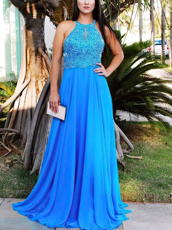 A-line Scoop Neck Chiffon Floor-length Prom Dresses With Beading #Milly020114783