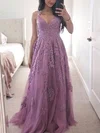 A-line V-neck Tulle Sweep Train Prom Dresses With Appliques Lace #Milly020114787