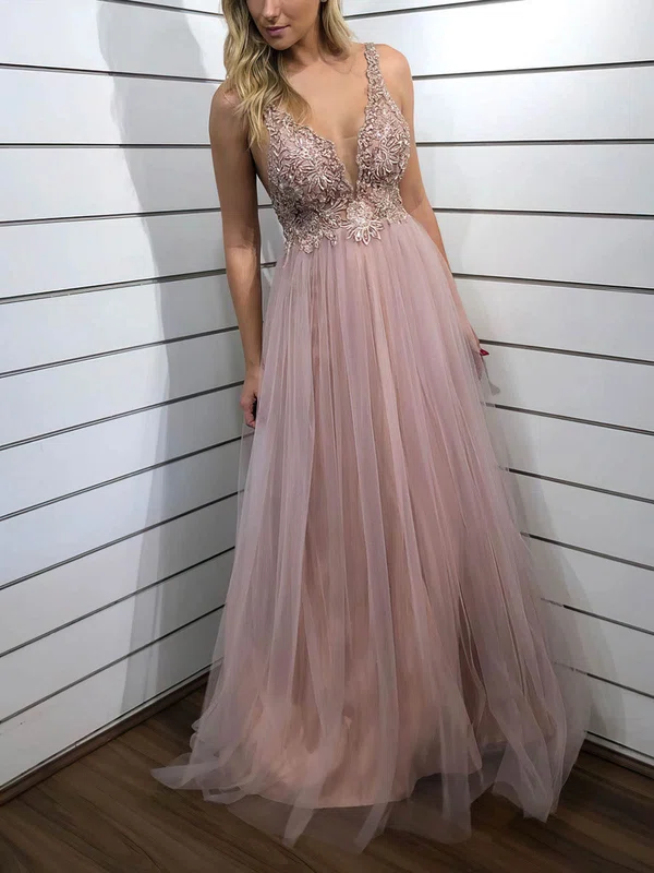 Ball Gown/Princess Floor-length V-neck Tulle Appliques Lace Prom Dresses #Milly020114789