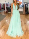 A-line V-neck Tulle Floor-length Prom Dresses With Sashes / Ribbons #Milly020114792