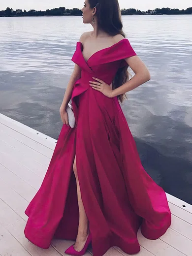 A-line Off-the-shoulder Satin Sweep Train Prom Dresses With Split Front #Milly020114793