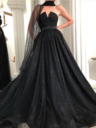 Black Ball Gown V-neck Glitter Tulle Prom Dresses #Milly020114794