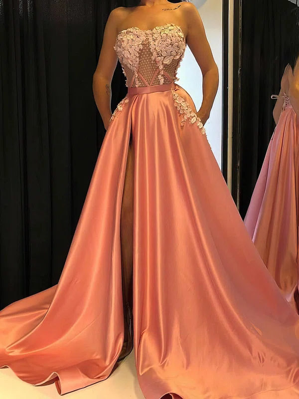 A-line Strapless Satin Sweep Train Prom Dresses With Pockets #Milly020114799