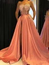 A-line Strapless Satin Sweep Train Prom Dresses With Pockets #Milly020114799