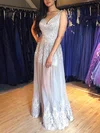 A-line V-neck Tulle Floor-length Prom Dresses With Appliques Lace #Milly020114800
