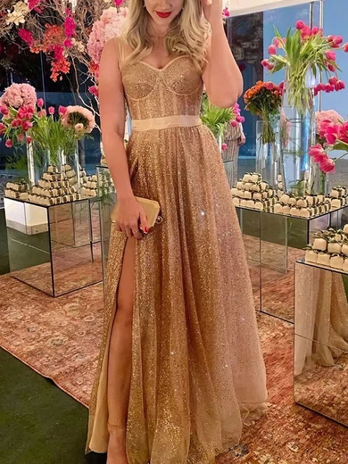 A-line Sweetheart Floor-length Glitter Prom Dresses With Split #Milly020114802