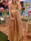 A-line Sweetheart Glitter Floor-length Prom Dresses With Split Front #Milly020114802