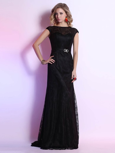 Black Scoop Neck Lace Sashes / Ribbons Noble Sheath/Column Prom Dresses #02023108