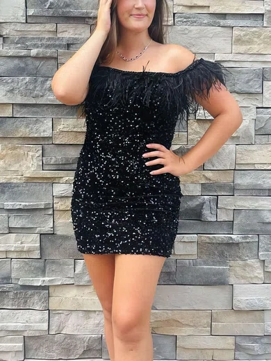 Black Off Shoulder Fuzzy Trim Sequin Mini Dress #Milly020114815