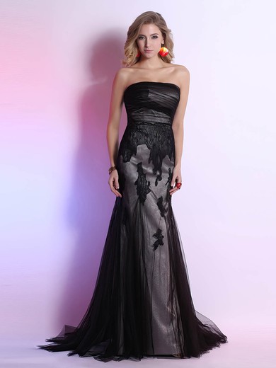 Black Elegant Satin Tulle Strapless Sweep Train Appliques Lace Ruffles Prom Dress #02023109