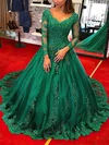 Ball Gown V-neck Tulle Sweep Train Prom Dresses With Appliques Lace #Milly020114821