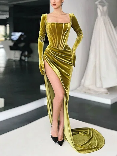 Sheath/Column Square Neckline Velvet Sweep Train Formal Dresses With Split Front PT020114823