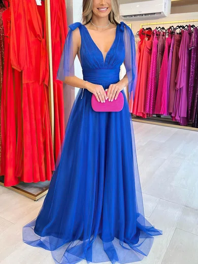 A-line V-neck Tulle Floor-length Prom Dresses With Sashes / Ribbons #Milly020114826
