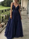 A-line V-neck Tulle Sequined Floor-length Prom Dresses With Appliques Lace #Milly020114829