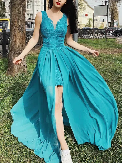 Sheath/Column V-neck Lace Chiffon Detachable Prom Dresses With Split Front #Milly020114830