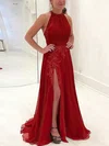 A-line High Neck Chiffon Sweep Train Prom Dresses With Split Front #Milly020114831