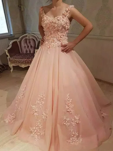 Ball Gown Scoop Neck Tulle Sweep Train Prom Dresses With Flower(s) #Milly020114832