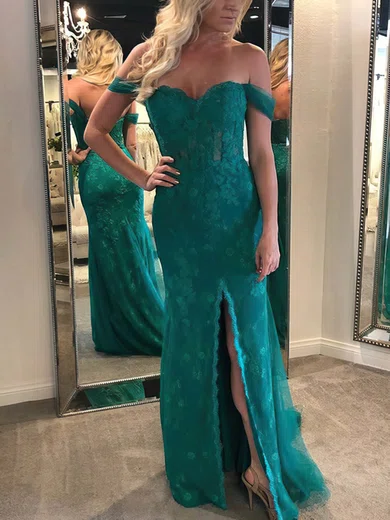 Sheath/Column Off-the-shoulder Tulle Sweep Train Prom Dresses With Split Front #Milly020114841