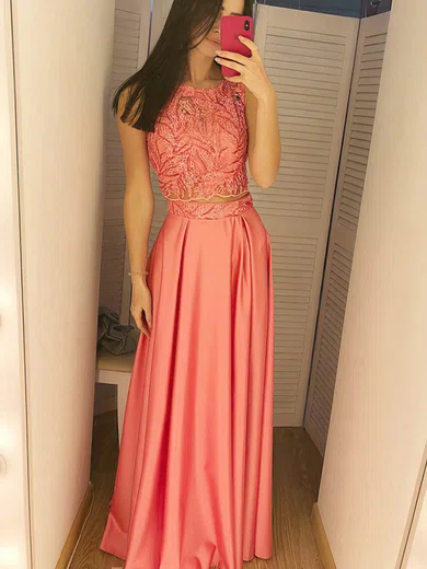 A-line Scoop Neck Silk-like Satin Floor-length Prom Dresses With Sashes / Ribbons #Milly020114846