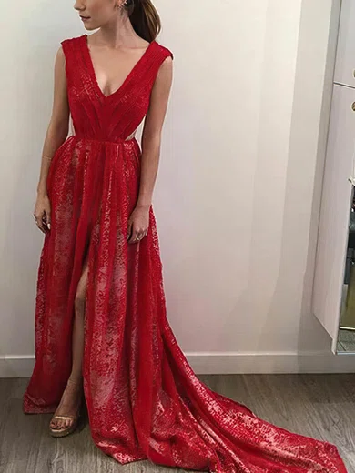 A-line V-neck Lace Sweep Train Prom Dresses With Split Front #Milly020114847